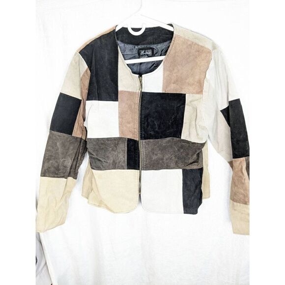Vintage Sharon Arnold Patchwork Leather Cropped Jacket XL 70s Prop Mod - Picture 1 of 8